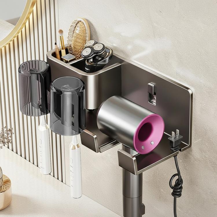 

No-Drill 3-in-1 Bathroom Organizer Wall Mount Toothbrush & Hair Dryer Holder Integrated Shelf, Spec: 2Person-WithCup