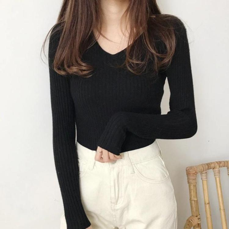 

Autumn Winter Slim Fit Long Sleeve V-Neck Pullover Knit Sweater, Size: S(Black)