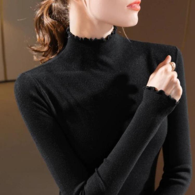 

High-Neck Ruffled Fitted Knit Sweater Long-Sleeved Top, Size: S(Black)
