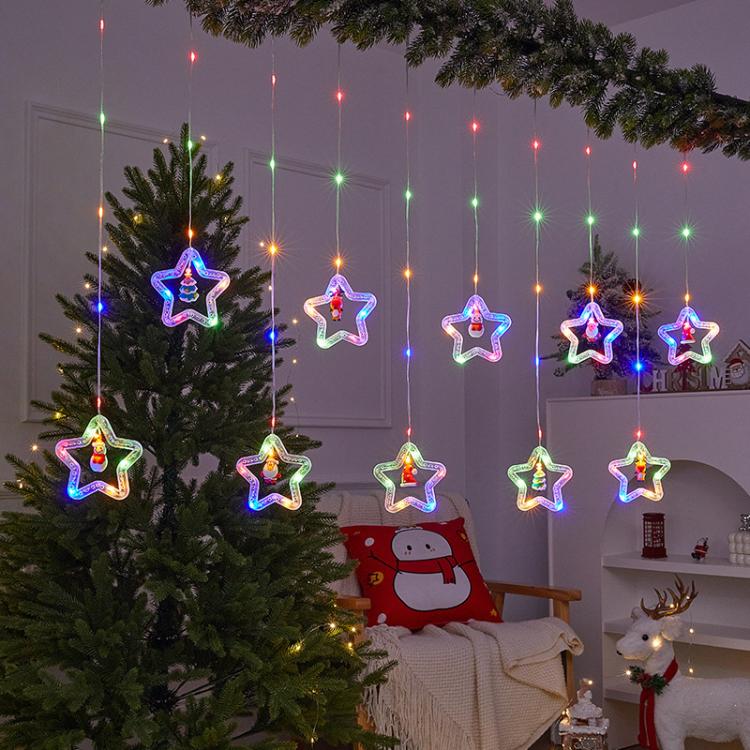 

10pcs /Set Christmas Curtain Lights Holiday Decoration String Lights Leather String Christmas Ambiance Decoration Ball Lights, Style: Colorful Pentagram(USB Direct Plug)