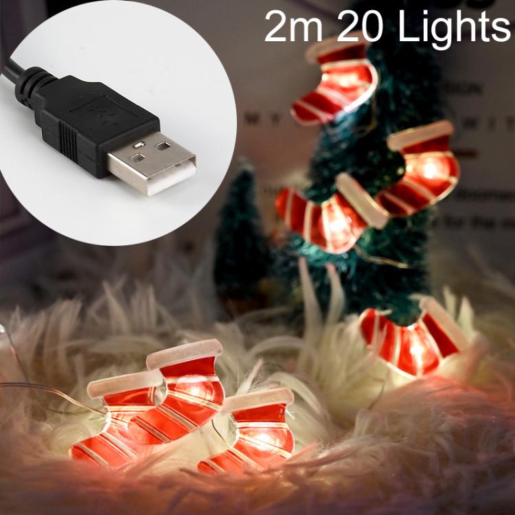 

2m 20 Lights LED Christmas Decoration Sock Light Holiday Ambience Christmas Tree Lights String(Warm White USB)