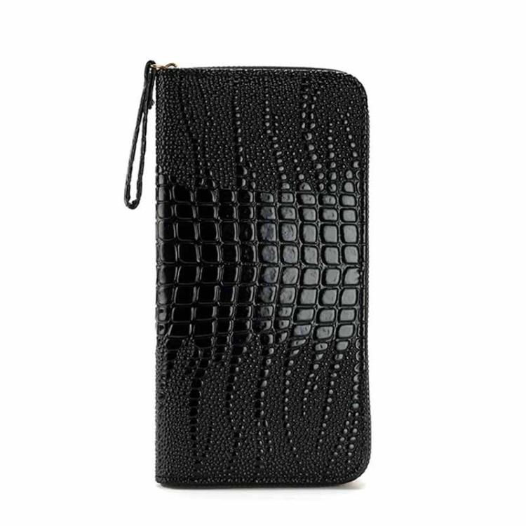 

Women Long Alligator Pattern Wallet Multi-Card Holder Wristlet Clutch with Textured Shiny Finish(Black)