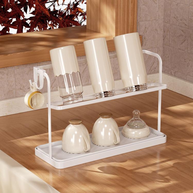 

Double Tier Cup Rack With Removable Drip Tray Hanging Organizer For Coffee Mugs, Tea Cups, Thermos, And Glassware(White)