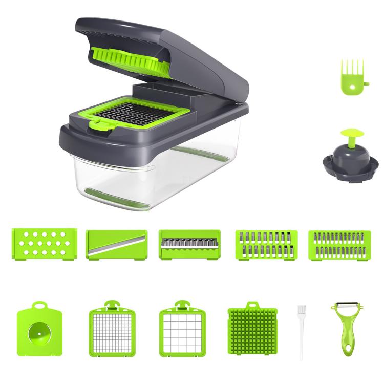 

15 In 1 Gray Green Multi-Function Vegetable Chopper Mandoline Slicer Upgrade Lock Design & Finger Guard