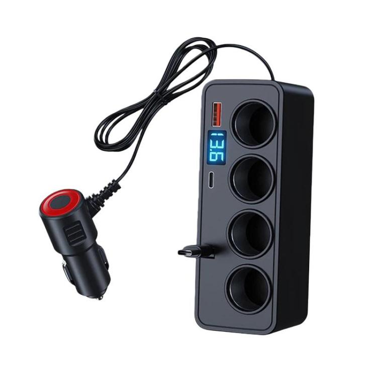 BY-1847 120W 1-To-4 Retractable Car Cable Digital Display Cigarette Lighter Car Charger(Black)