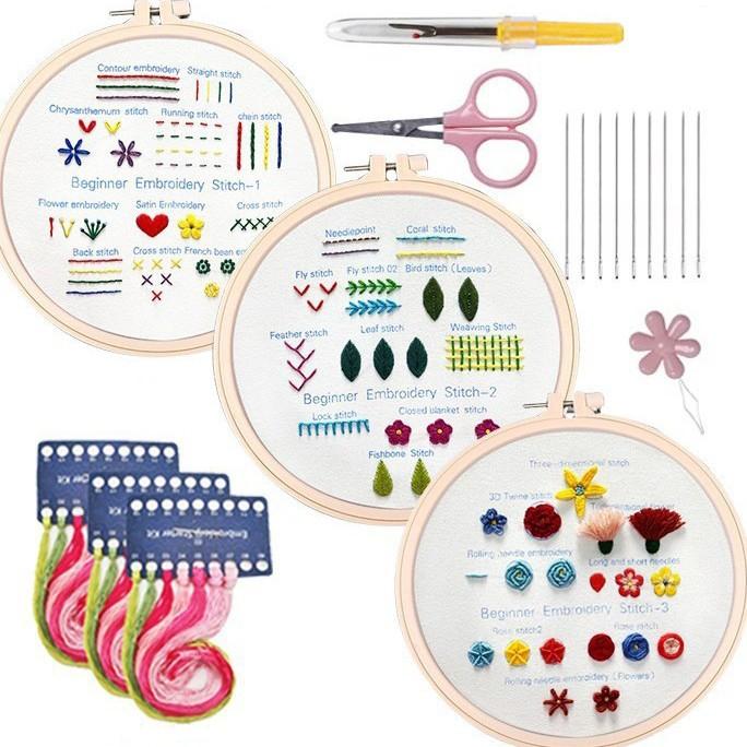

3-In-1 Embroidery Starter Kit For Beginners DIY Stitch Practice Sampler With English Instructions(Flowers and Plants)