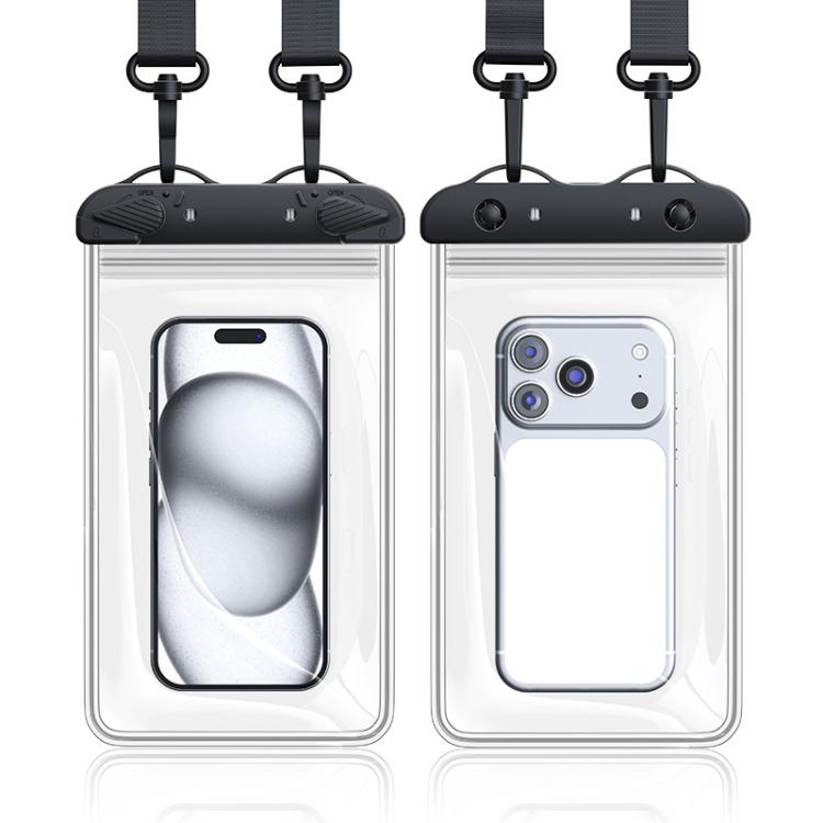 2pcs /Pack 8-Inch Waterproof Phone Pouch IPX8 Dry Bag with Four-Side Double Layer Sealing & Double Rotatable Hooks(Black)