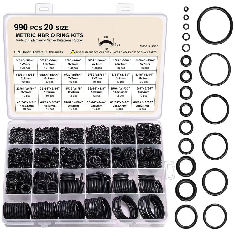 

990pcs /Set NBR O-Ring Kit 20 Sizes Metric Nitrile Rubber Sealing Rings for High Pressure Washer, Automotive, Plumbing & Industrial Seals(Black)