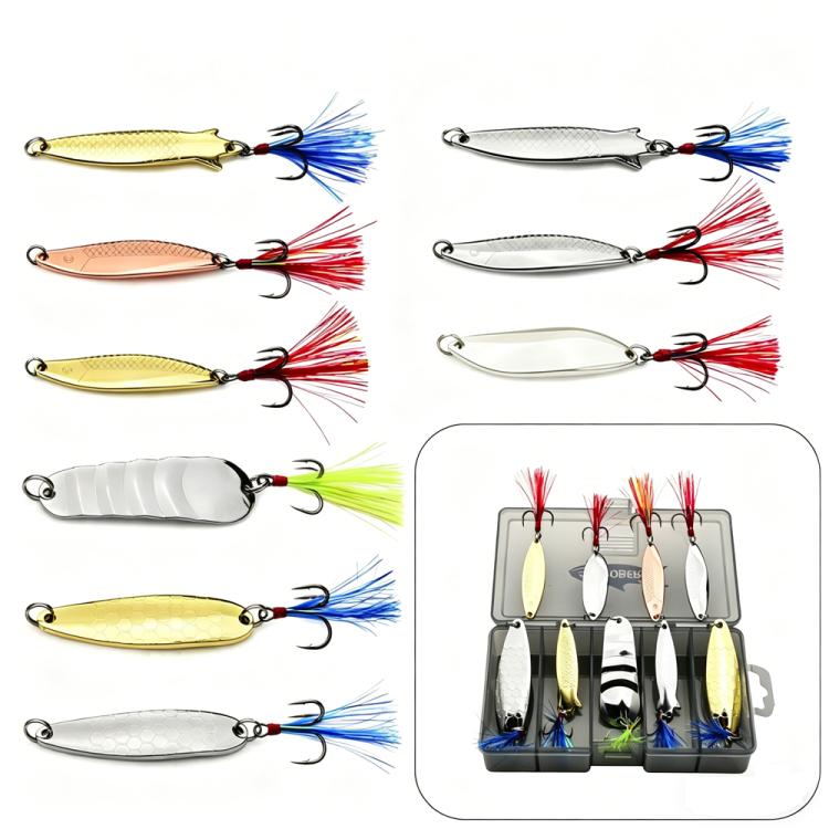 

PROBEROS 9 In 1 Fishing Spoon Lures Kit Metal Hard Baits Set with Treble & Single Hooks, Feathers