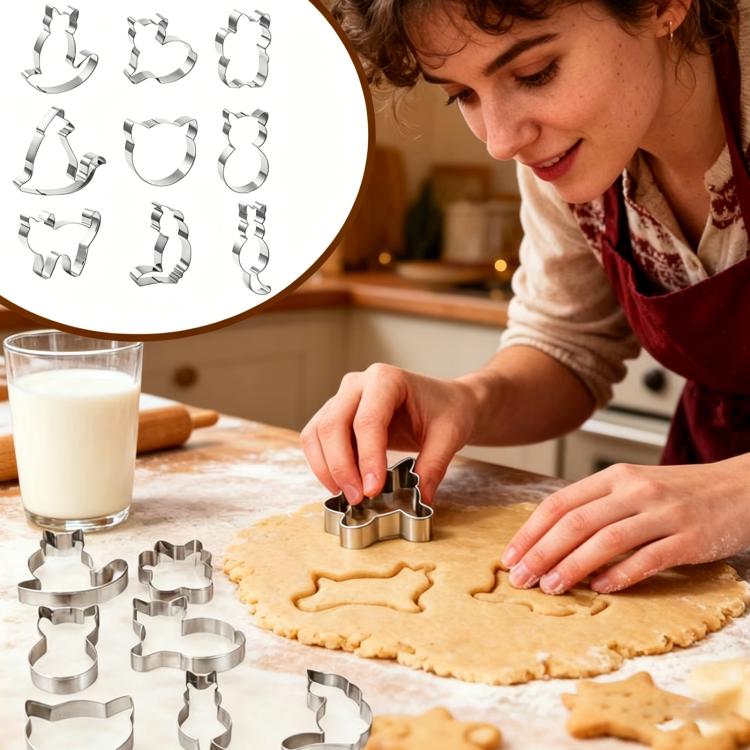 

LsCook 9-Piece Set 430 Stainless Steel Cat Shape Cookie Mold Cartoon Cookie Cutter(Silver)