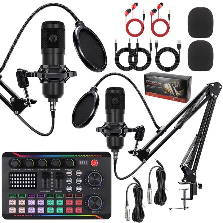 Dual BM800 Condenser Microphone With F998max Live Sound Card Kit Podcast Equipment Bundle Adjustable Scissor Arm Stand(Black)