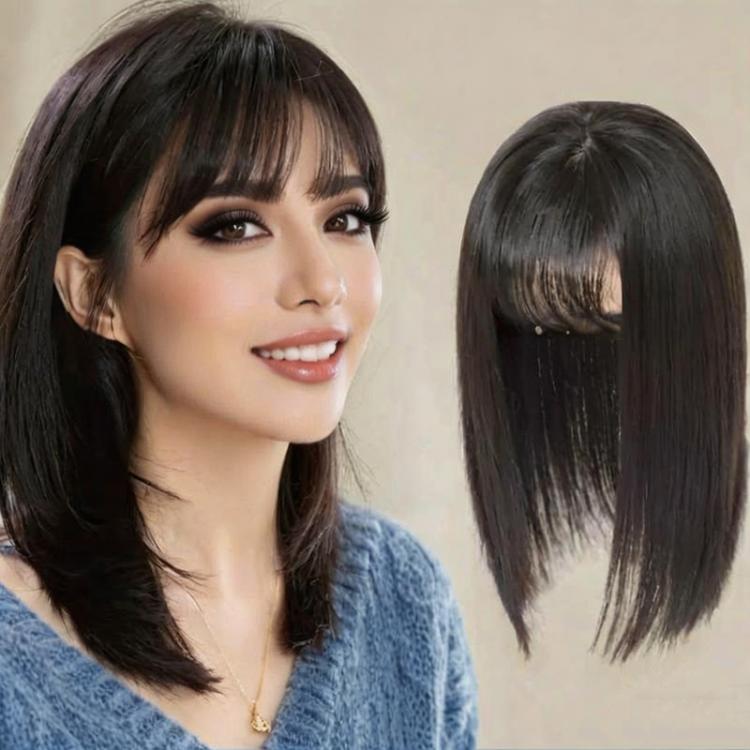 Hair Topper with Air Bangs for Women 12.6 inch Synthetic Hairpiece for Thinning Hair, Natural Looking Top Hair Extension with Clips(Black)