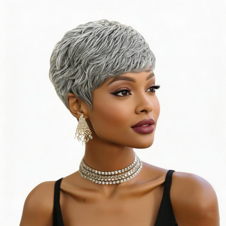 2 inch Short Grey Human Hair Feel Wigs for Women Pixie Cut Wigs Salt and Pepper Grey Mix Silver Short Layered Machine Made Wigs(Light Grey)
