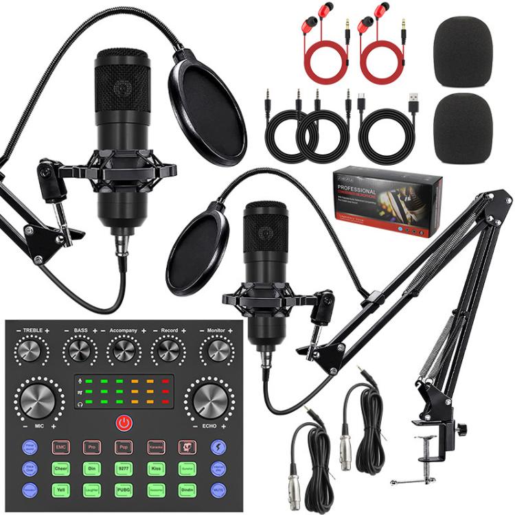 Dual BM800 Condenser Microphone with V8S Live Sound Card Kit Podcast Equipment Bundle Adjustable Scissor Arm Stand(Black)
