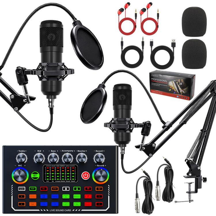 Dual BM800 Condenser Microphone With F009 Live Sound Card Kit Podcast Equipment Bundle Adjustable Scissor Arm Stand(Black)