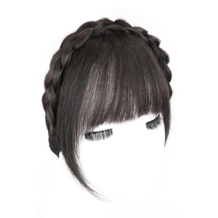 Bangs Headband One-Piece Thin Simulated Wig(With Sideburns Brownish-black)