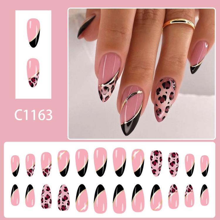 24Pcs /Set Glossy Medium Almond Press on Nails French Tip Fake Nails with Gold Line & Pink Leopard Print Designs Full Cover Glue on Nails(C1163)