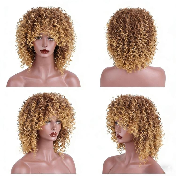Short Afro Kinky Curly Wigs with Bangs Fluffy Synthetic Fiber Hair Wig Heat Resistant Glueless Cosplay Daily Party Wig(Color 1)