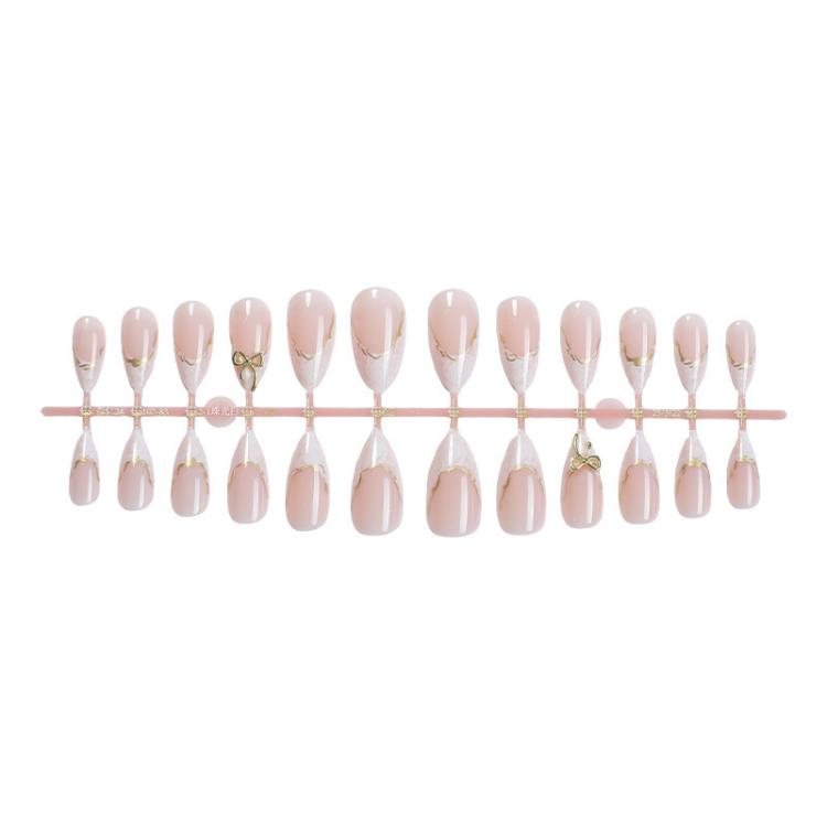 24Pcs French Tip Press on Nails Almond Gold Bowknot Fake Nails with Marble Design and Gold Wire Glossy Medium Length Glue on Nails(DM-283)