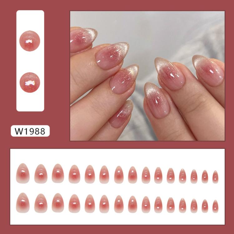 30pcs /Pack Jelly Pink Cat Eye Press on Nails Short Almond Glossy Magnetic Fake Nails, Translucent Ombre Glitter Glue on Nails for Women(W1988)