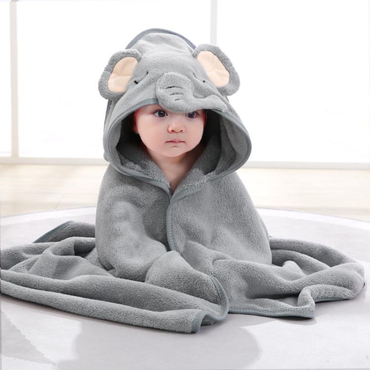 Coral Fleece Absorbent Baby Swaddle Blanket Towel With Cape, Size: 80x80cm(Gray Elephant)