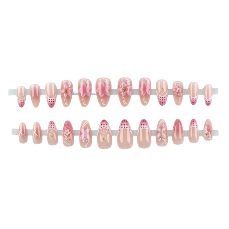 24Pcs /Set 3D Flower Press on Nails Pink Ombre Almond Fake Nails Sweet Style Manicure Kit for Women(FT-218)