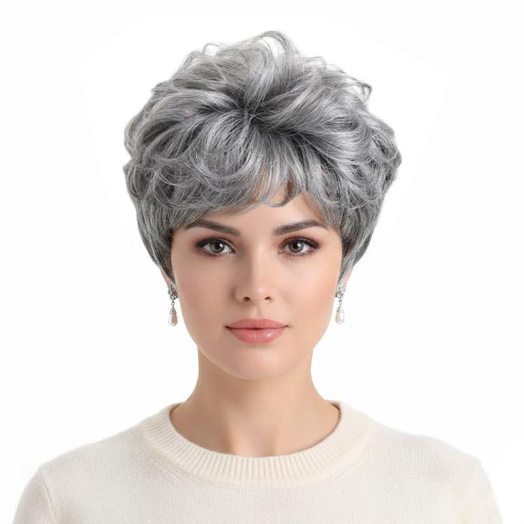 Women Short Curly Wig Cap(Gray)
