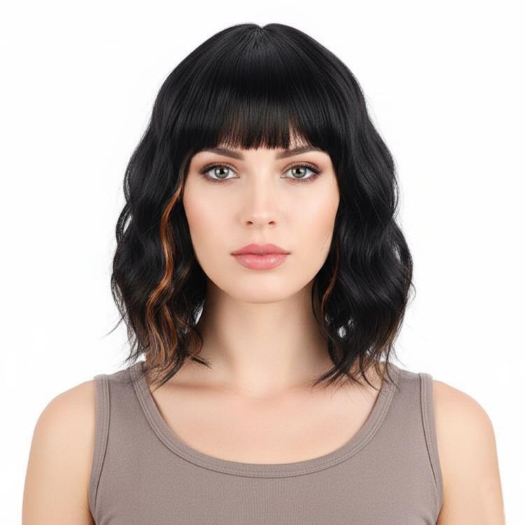 Short Wavy Hair With Side-Swept Bangs Natural Parting Synthetic Short Hair(1B/30)