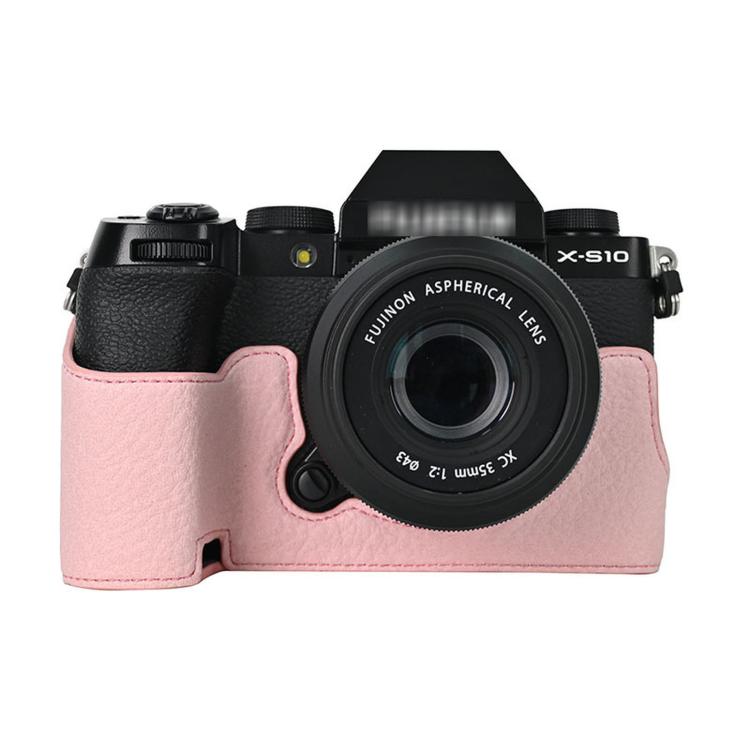 

For Fujifilm X-S10 PU Leather Camera Half Case Vintage Litchi Pattern Protective Bottom Base With Magnetic Battery Access(Pink)