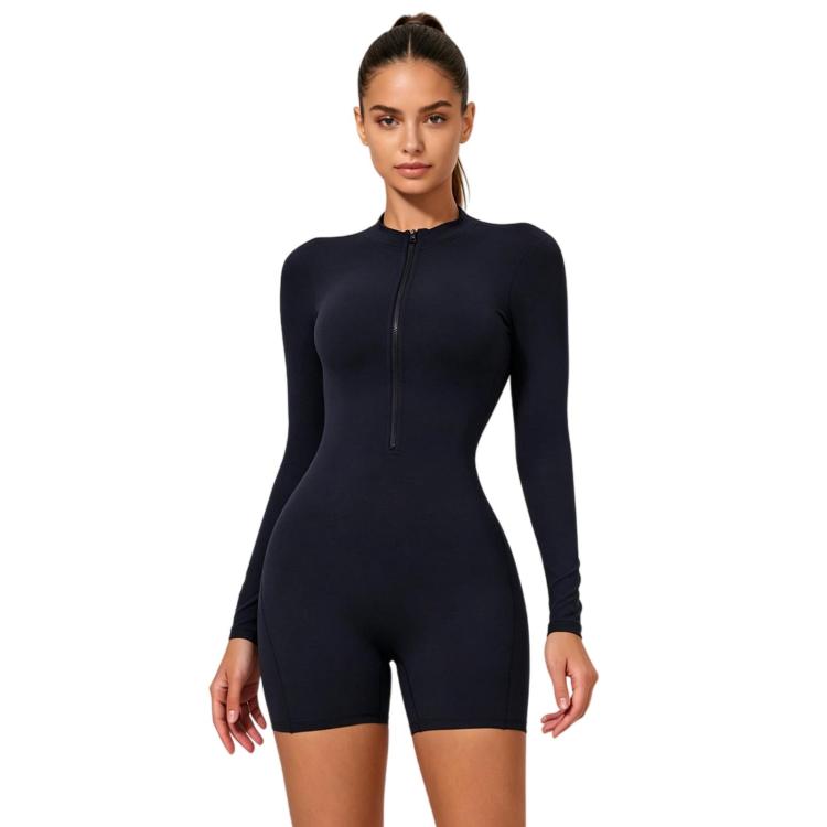

Half-Zip Cutout Back Beauty One-Piece Bodysuit, Long-Sleeve Yoga Jumpsuit, Size: S(Black)