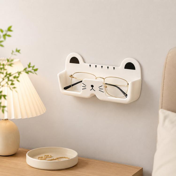 

Cute Cat Wall Mounted Glasses Holder Punch-Free Adhesive Eyeglass Organizer Stand Space-Saving Sunglasses Storage Box for Bedside, Closet, Vanity, Car(White)