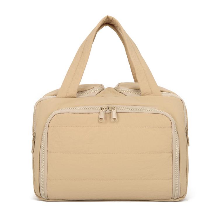 

Large Puffy Toiletry Bag for Women Quilted Makeup Travel Bag with Dry Wet Separation & Brush Slots Nylon Cosmetic Organizer(Khaki)