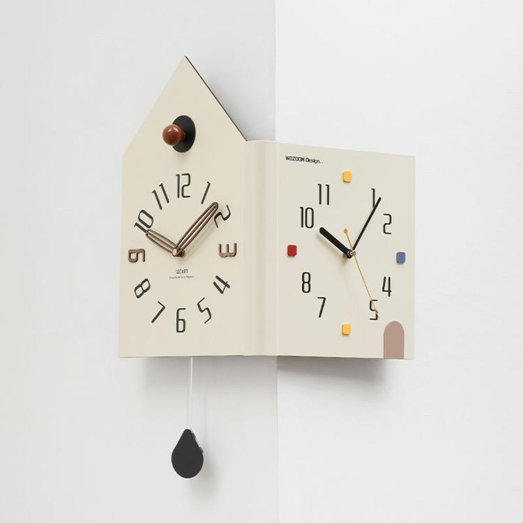 

wozoom Modern Corner Double Sided Wall Clock Silent House Shaped Decorative Clock, Spec: Cream White Medium
