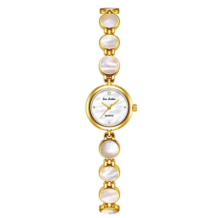 BS Bee Sister FA1873 Women Round Bracelet Watch Vintage Mother of Pearl Style Analog Quartz Dress Wristwatch(Gold White)