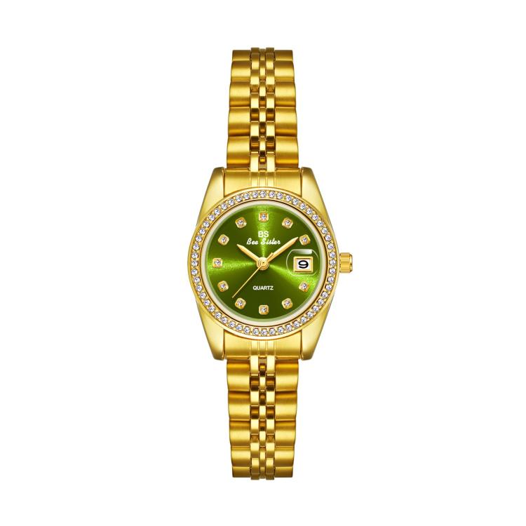 BS Bee Sister FA1787 Women Steel Band Dress Watch Rhinestone Bezel Analog Wristwatch with Date Calendar(Gold Green)