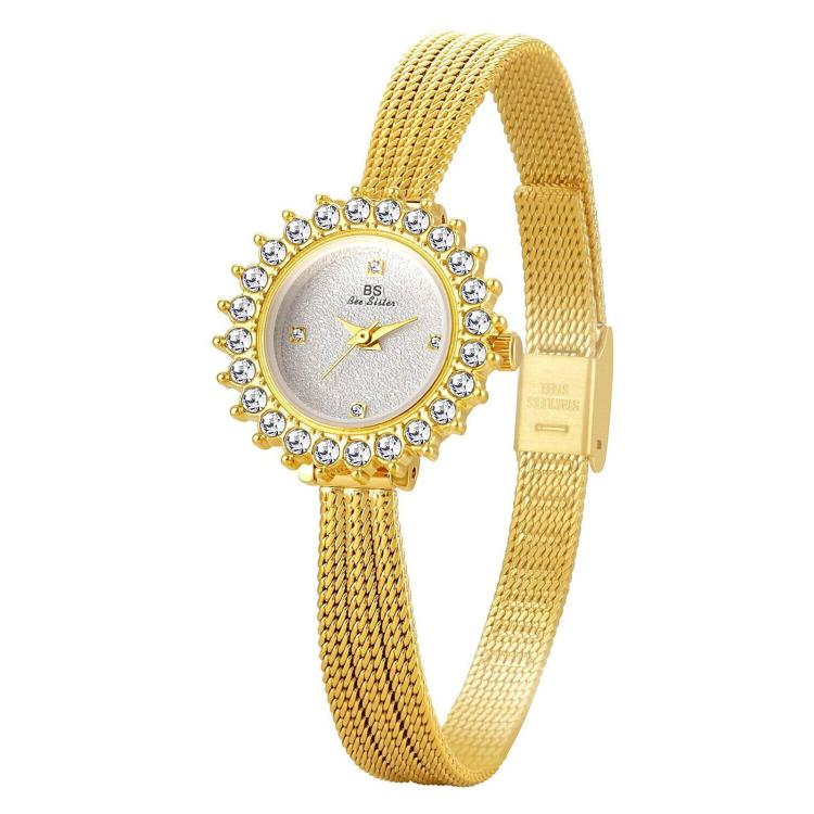 BS Bee Sister FA1833 Women Jewelry Bracelet Watch Vintage Floral Rhinestone Bezel Analog Wristwatch with Woven Mesh Band(Gold White)