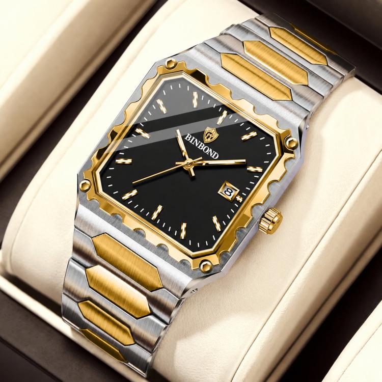 BINBOND B2517 Mens Square Quartz Watch Stainless Steel Band Waterproof Business Dress Wrist Watch with Date(Two-tone – Black Dial)