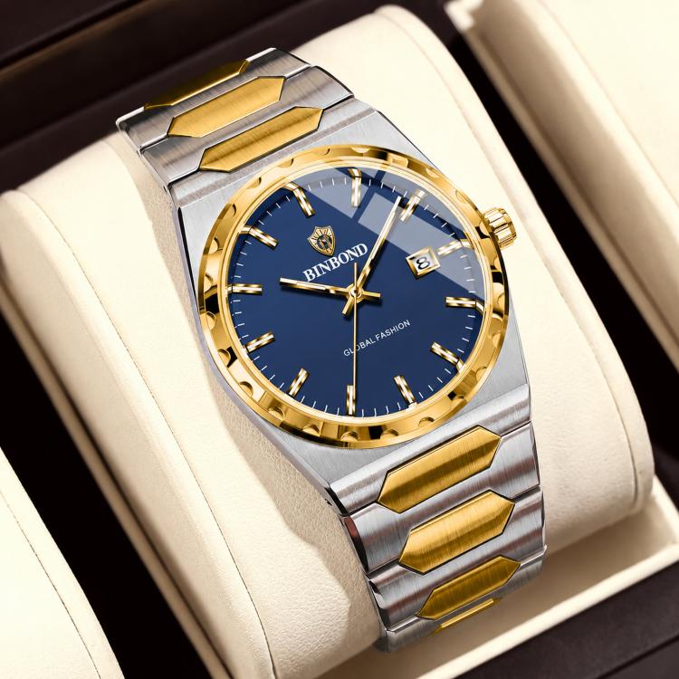 BINBOND B3371 Mens Quartz Watch Stainless Steel Bracelet Casual Wrist Watch with Date(Two-tone – Blue Dial)
