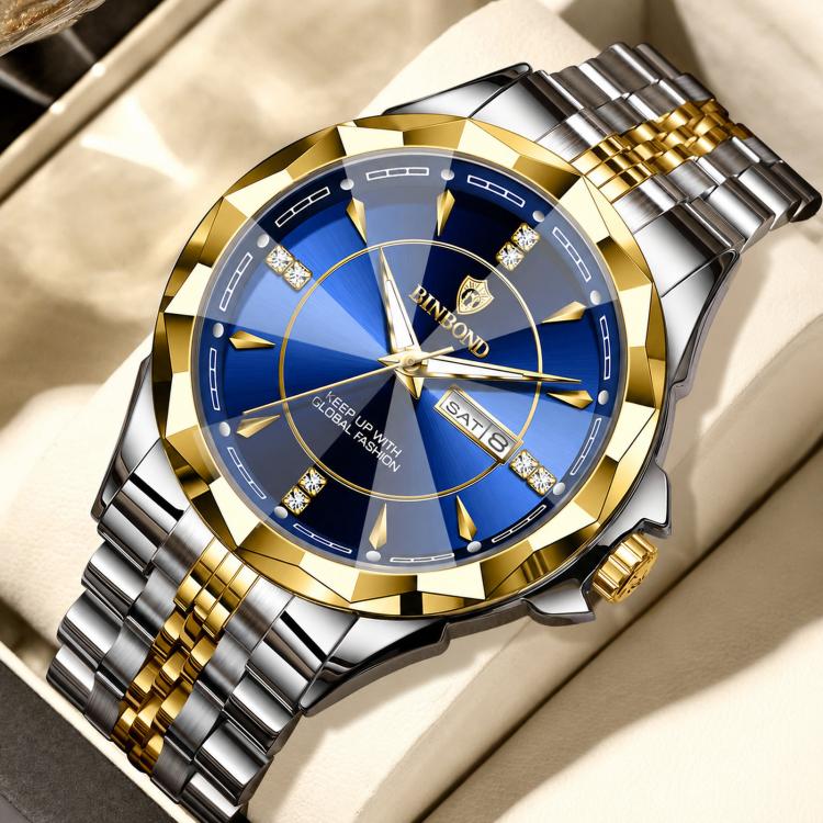 BINBOND B7473 Mens Quartz Watch Stainless Steel Band Waterproof Business Dress Watch with Day Date Calendar(Two-tone – Blue Dial)