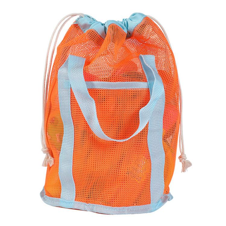 Mesh Beach Toy Bag Drawstring Toiletry Tote Sack With Handle Front Pocket For Kids Bath Swimming(Orange Blue Stripe)