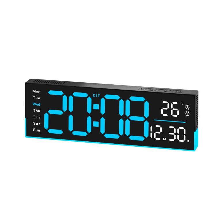 12.6 Inch LED Desk Clock Large Digital Wall Clock With RGB Ambient Light Temp / Date / Week / DST / Timer(6699 Black Blue)