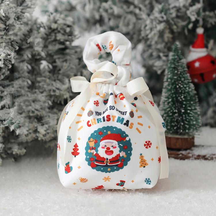 Christmas Gift Bag Fabric Drawstring Pouch with Handle Festive Candy Bag White Santa Claus - Small