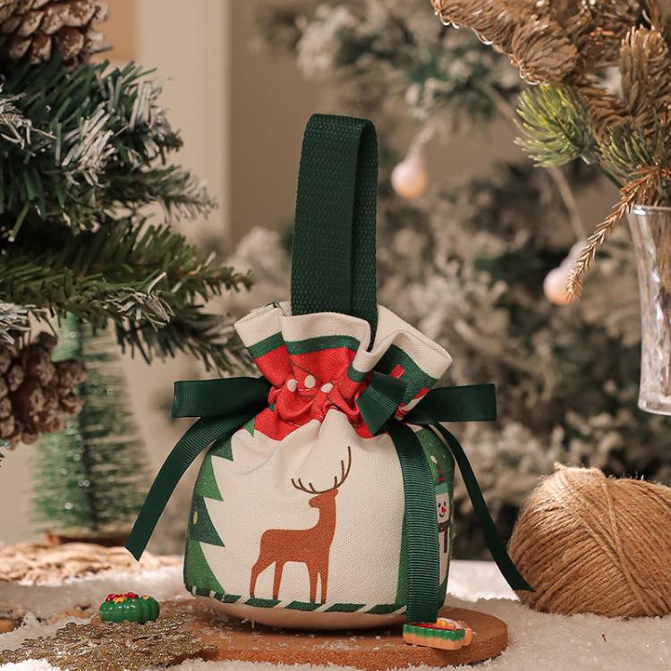 Christmas Gift Bag Drawstring Burlap Round Bottom Candy Pouch with Handle Festive Holiday Favors Pack(Green Reindeer)
