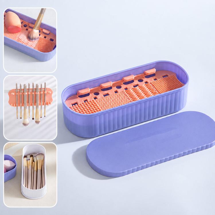 4 In 1 Makeup Brush Cleaner Box With Drying Rack & Dustproof Lid(Purple)