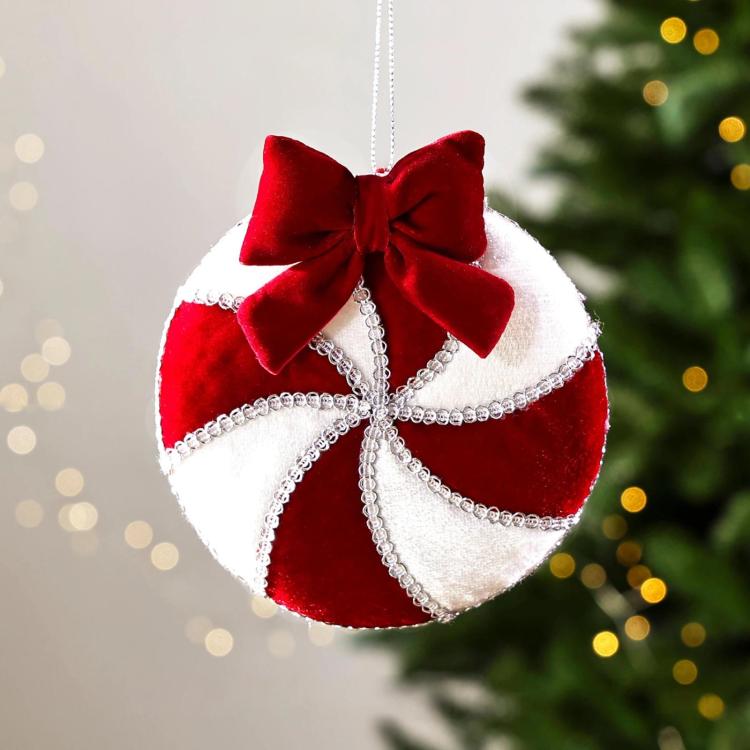 13cm Colorful Plush Lollipop Bow Christmas Hanging Ornament(Red White)