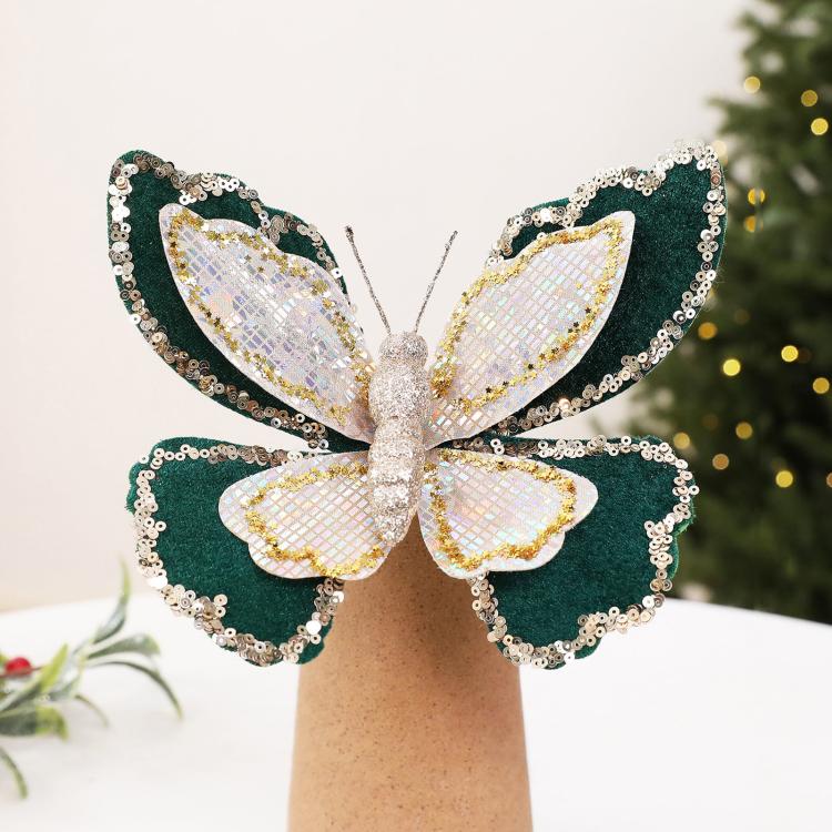 Glitter Butterfly Christmas Tree Ornaments Double-Layer Sequin Fabric Decoration(Gold Green)