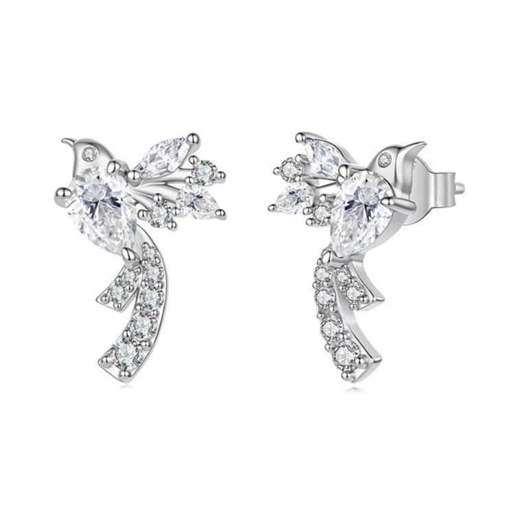S925 Sterling Silver Sparkling Bird Stud Earrings With Moissanite-Style Zirconia(MSE161)