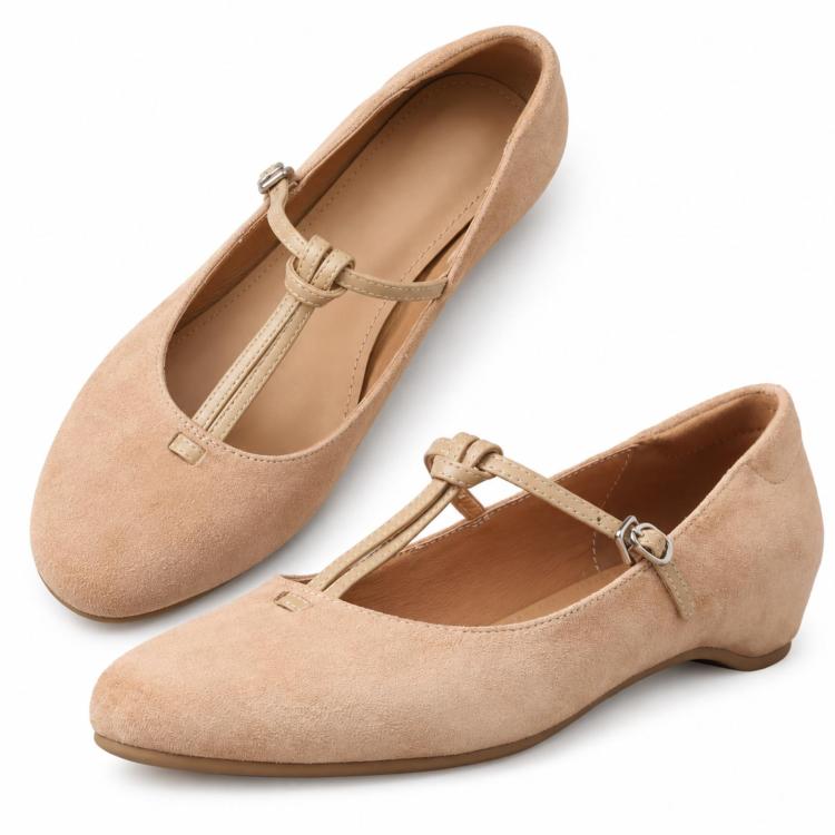 Vintage-style Sheepskin Mary Janes Low-cut Topline Suede Finish T-strap Buckle Slip-on Design, Size: 35(Apricot)