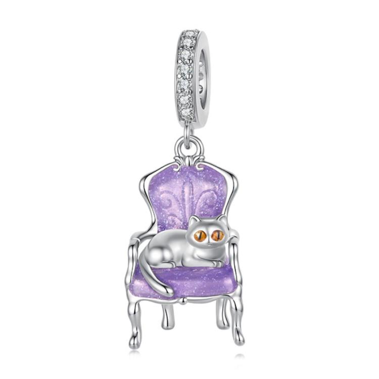 S925 Sterling Silver Playful Pet-Themed DIY Charm/Bead, Model: Cat SCC3345