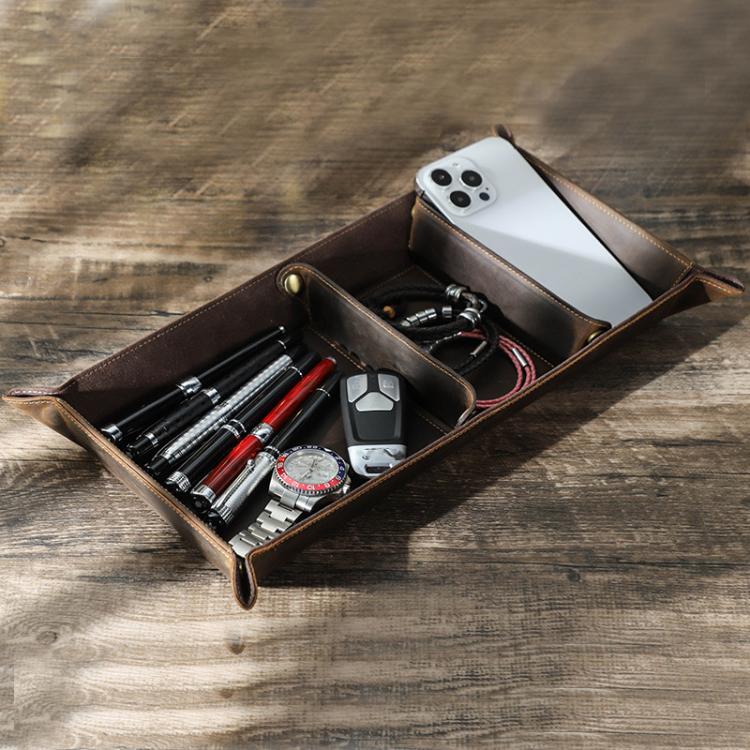 Leather Valet Tray with Compartments Rectangular Desk Catchall Organizer(Coffee)